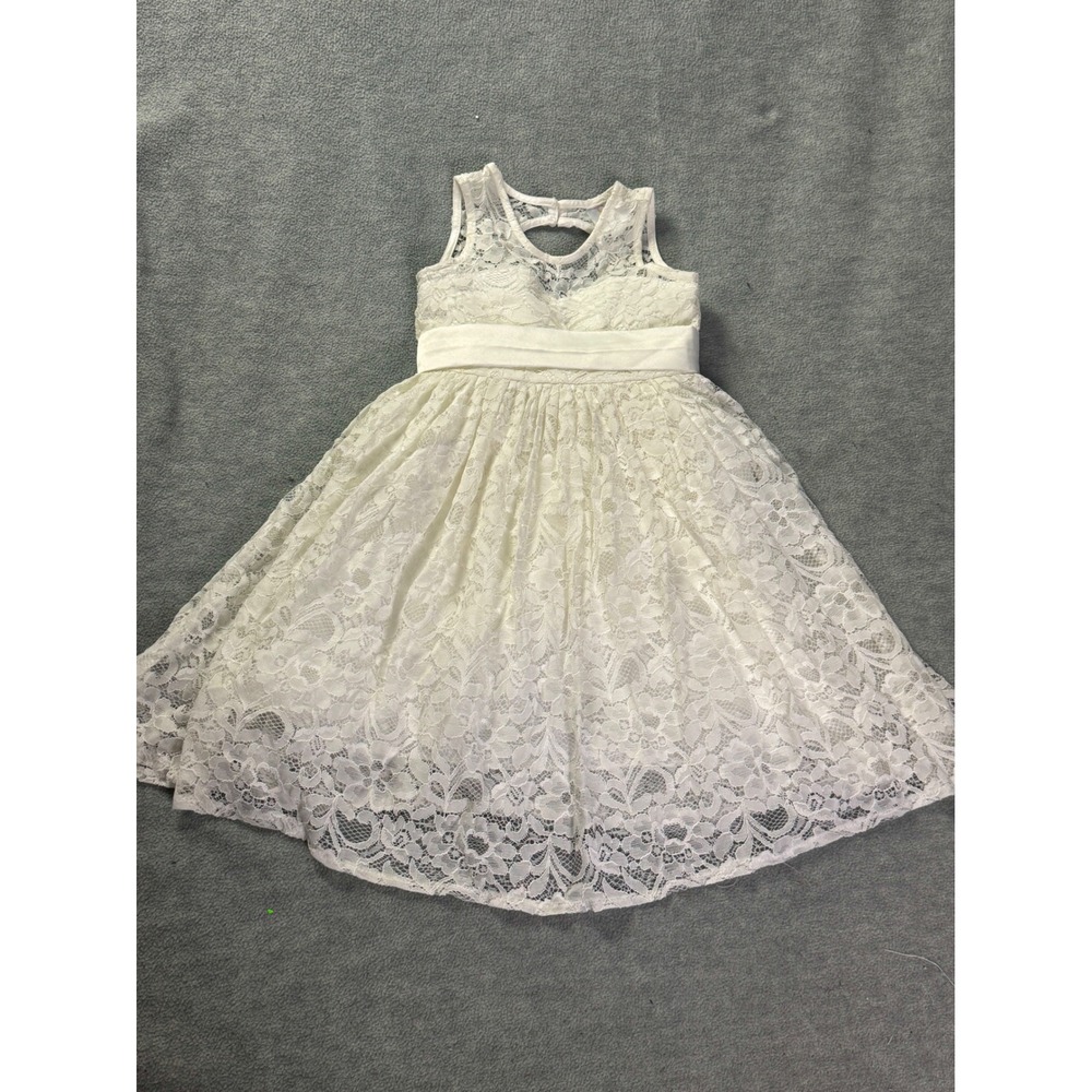 Sweet Peanut Ivory White Floral Lace Flower Girl Dress Sleeveless Big Back Bow